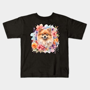 A pomeranian decorated with beautiful watercolor flowers Kids T-Shirt